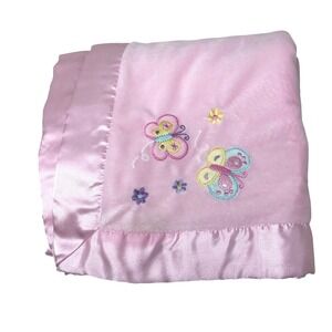 Circo Pink Butterfly Baby Blanket Embroidered Satin Trim Fleece Lovey 30x40"